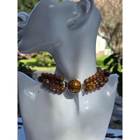 Vintage Multi-Strand Amber & Brown Beaded Choker Necklace With Gold-Tone Clasp - Picture 10 of 16